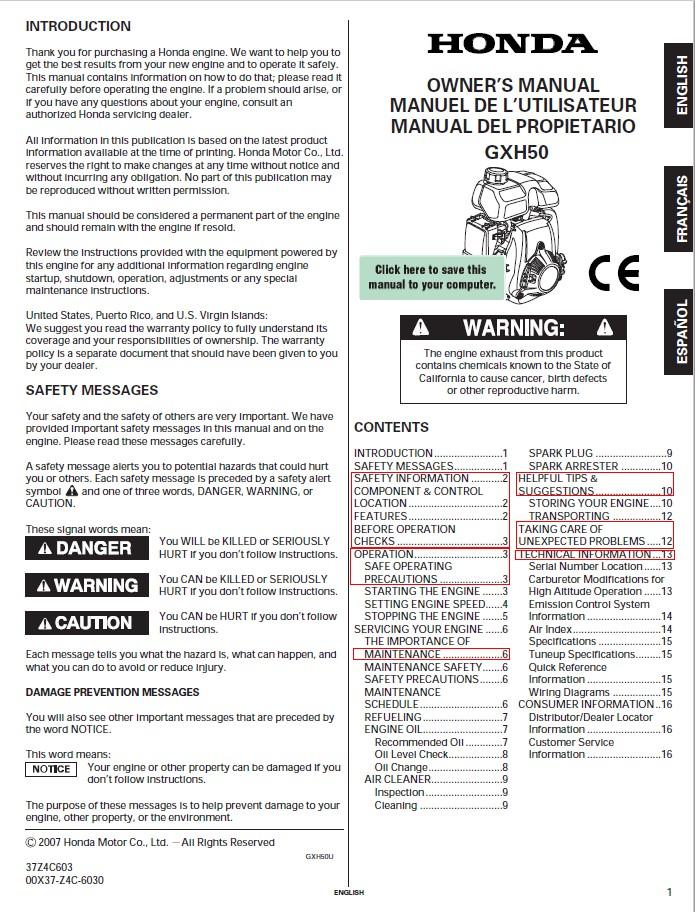 PCW5000, PCW5000-HS, PCH1000 - HONDA ENGINE GXH50 OWNER'S MANUAL