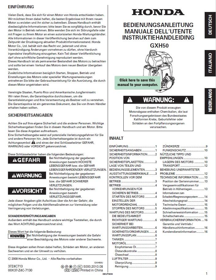 PCW5000, PCW5000-HS, PCH1000 - HONDA ENGINE GXH50 OWNER'S MANUAL (other languages)